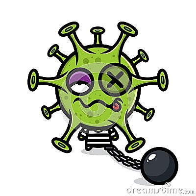 a dying virus cartoon character who is convicted and tied with an iron ball chain Vector Illustration