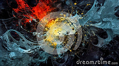 A dynamic abstract explosion of colors, combining elements of fire and ice with fluid forms. Stock Photo