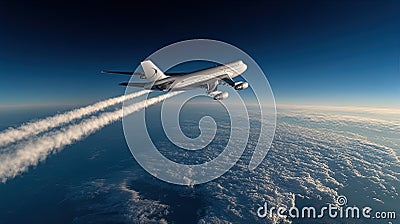 A dynamic airplane soaring above the clouds, with white contrails marking its high-speed journey through the serene blue Stock Photo