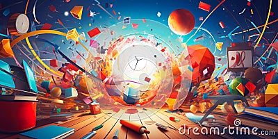 dynamic back to school background with a burst of colorful geometric shapes and symbols representing different academic Stock Photo