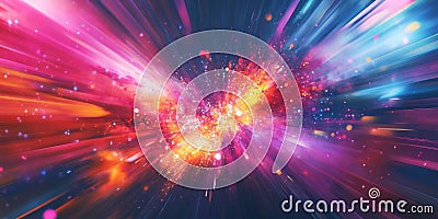 A dynamic background featuring a burst of colorful, overlapping light beams and abstract shapes, Stock Photo