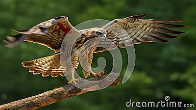 Dynamic Balance: Hawk Capturing Prey With Strong Grip On Horizontal Stick Stock Photo