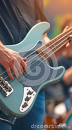 Dynamic bassist performs on stage, hands expertly maneuver electric guitar Stock Photo