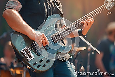 Dynamic bassist performs on stage, hands expertly maneuver electric guitar Stock Photo