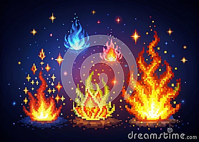 Dynamic 8Bit Fire and Flame Pixel Art for Game and App Design Sparkling Igniting Graphics in a Retro Stock Photo