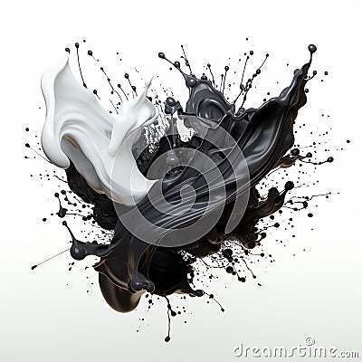 Dynamic blending black and white liquid splash with flying beautiful drops. Abstract fluid art Stock Photo