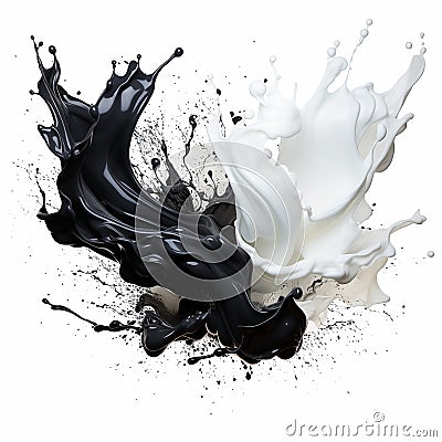 Dynamic blending black and white liquid splash with flying beautiful drops. Abstract fluid art Stock Photo