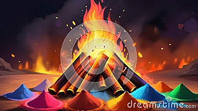 Dynamic Bonfire Illustration: Vibrant Powders Illuminate the Night Stock Photo