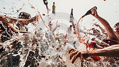 Dynamic celebration with wine splashing from bottles among a jubilant crowd Cartoon Illustration