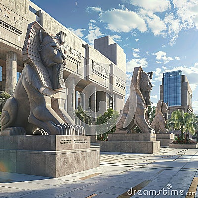 Dynamic cityscape with Sphinx and Panthera statues guarding the entrance to a commercial plaza Cartoon Illustration