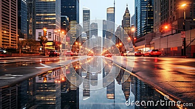 Dynamic cityscape at twilight with reflections on a rain-soaked street Stock Photo