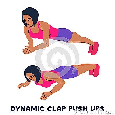 Dynamic clap push ups. Sport exersice. Silhouettes of woman doing exercise. Workout, training Cartoon Illustration