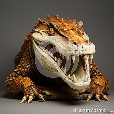 Dynamic Clay Alligator Sculpture In Brown And Ivory With Exaggerated Facial Expressions Stock Photo