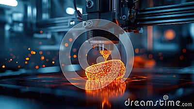 A dynamic close-up of a 3D printer creating a glowing orange object, showcasing advanced technology and innovation Stock Photo