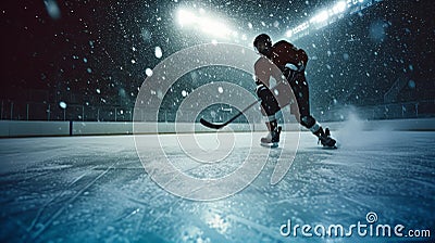 Dynamic close-up of a hockey player in action during a night game with stadium lights illuminating the rink. Stock Photo