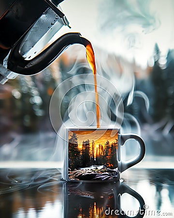 A dynamic close-up shot of pouring fresh coffee from a percolator into a mug Stock Photo