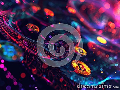 Dynamic and colorful representation of a digital cryptocurrency network featuring floating Bitcoin coins amidst a vivid background Stock Photo