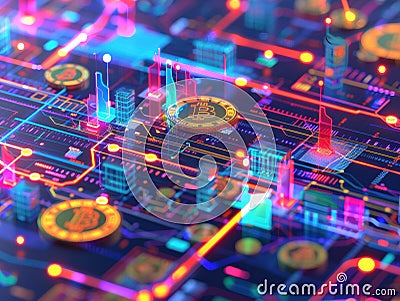 A dynamic and colorful representation of a digital cryptocurrency network featuring floating Bitcoin coins amidst a vivid Stock Photo