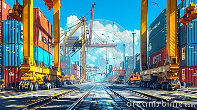 Dynamic container terminal of port is filled with many colorful containers, large cranes, vehicles. Elements of infrastructure Stock Photo