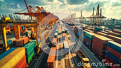 Dynamic container terminal of port is filled with many colorful containers, large cranes, vehicles. Elements of infrastructure Stock Photo