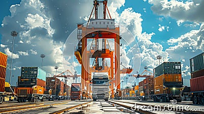 Dynamic container terminal of port is filled with many colorful containers, large cranes, vehicles. Stock Photo