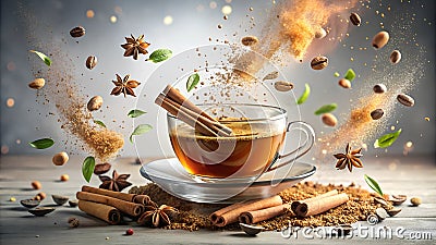 A Dynamic Creative Image of Chai Spices Exploding in Motion Stock Photo