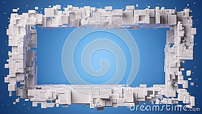 Dynamic Cube Frame on Blue: A Fragmented Structure Highlighting Space Stock Photo