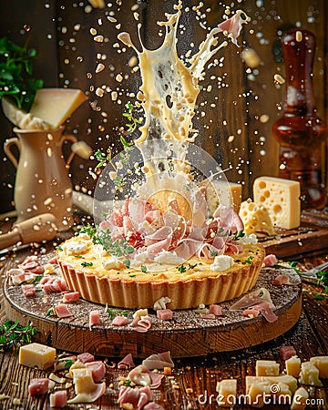 Dynamic Culinary Scene with Cheese Explosion over Ham and Cheese Tart in Rustic Kitchen Setting Stock Photo