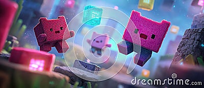 Dynamic 3D game characters in vibrant, colorful environment Stock Photo