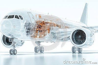 A dynamic 3D of a modern airplane with semi transparent elements, showing a view of its internal Stock Photo