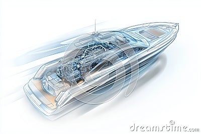 A dynamic 3D of a modern boat with semi transparent elements, showing a view of its internal engine Stock Photo