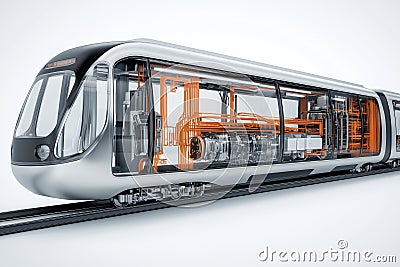 A dynamic 3D of a modern metro car with semi transparent elements, showing a view of its internal Stock Photo
