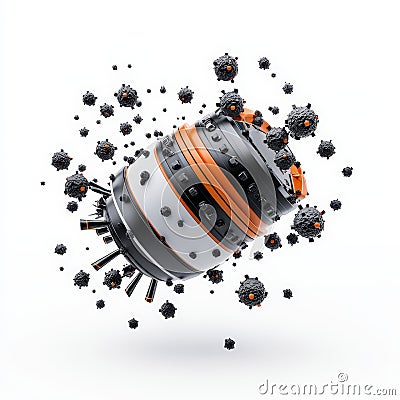 A dynamic 3D rendering of a futuristic device surrounded by viruslike particles showcasing innovation and technology Stock Photo