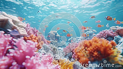 Dynamic 3D underwater display featuring lively coral reefs and elegant fish swimming, illustrating the enchanting beauty Stock Photo