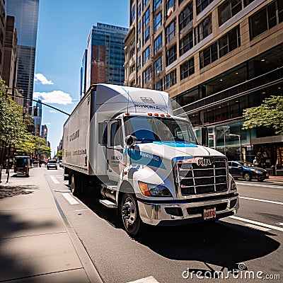 Dynamic Delivery: Speeding White Truck in Vibrant City Intersection Stock Photo