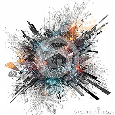 A dynamic digital artwork featuring microchips and circuit patterns. The microchips Stock Photo
