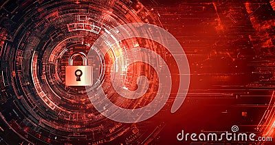 A dynamic digital background showcases a padlock surrounded by intricate cyber elements, symbolizing advanced security and Stock Photo