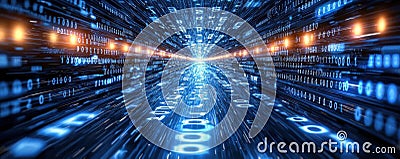 Dynamic digital landscape with blue light rays and binary code Stock Photo