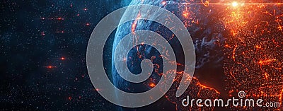A dynamic digital map of Earth, showcasing bright lines of data transfer, cyber technology elements, and glowing network Stock Photo