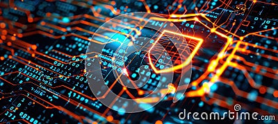 Glowing Shield Icon on Digital Network with Encrypted Firewall Patterns for Cybersecurity Design Stock Photo