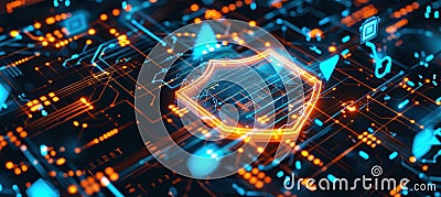 Glowing Shield Icon on Digital Network with Encrypted Firewall Patterns for Cybersecurity Design Stock Photo