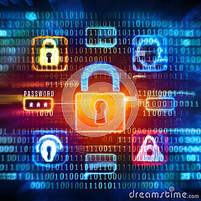 Dynamic digital tableau conveys urgency of cybersecurity through bold colors and binary codes Stock Photo