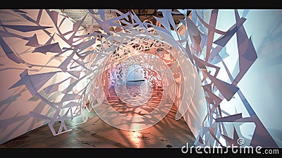 Dynamic dimensions in a creative space are highlighted by an art installation of 2D cutouts evolving into 3D structures, Generated Stock Photo