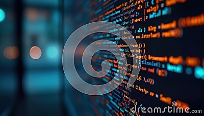 Dynamic display of encryption coding data. Secure code lines display on dark monitor. Modern tech for data protection. Source Stock Photo