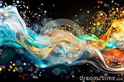 A dynamic display of flowing colors intertwines with sparkling particles, creating a vibrant and captivating backdrop Stock Photo