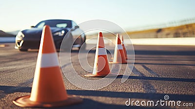 Dynamic driving course setup with traffic cones for safe driver training on track, perfect for learning and practicing maneuvering Stock Photo
