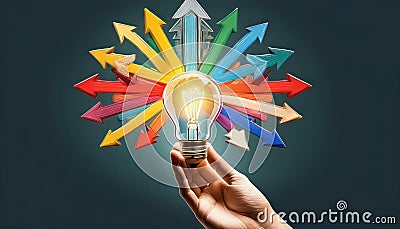 Dynamic Energy and Directionality A Single Hand Illuminated by a Glowing Lightbulb, Surrounded by Arrows Pointing in Various Stock Photo