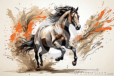 Dynamic Equestrian Emanation Majestic Horse Leaps in Vibrant Chinese Ink Style, Energizing Screen Stock Photo