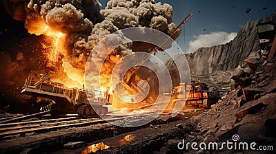 the dynamic essence of open-pit mining showcasing explosive works, to emphasize the controlled force and power involved Stock Photo