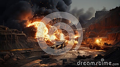 the dynamic essence of open-pit mining showcasing explosive works, to emphasize the controlled force and power involved Stock Photo